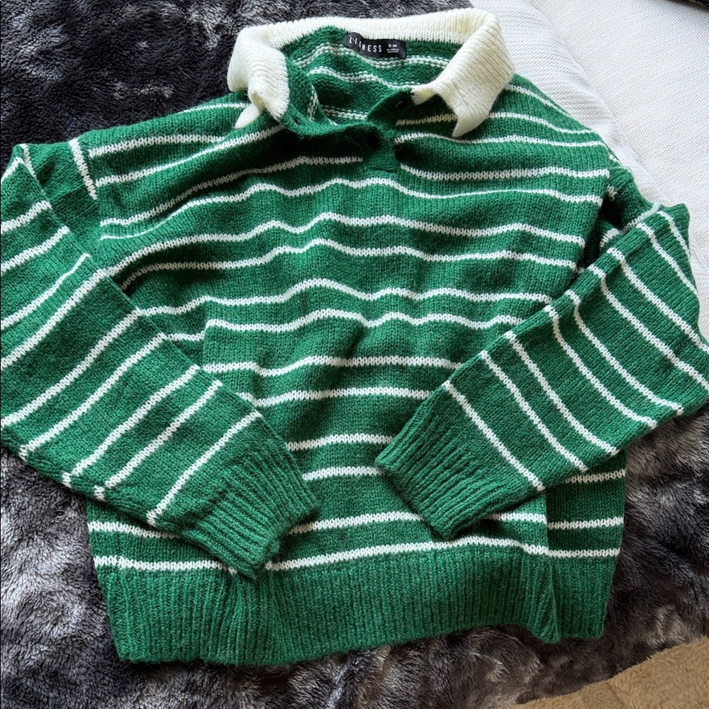 Lioness Green & White Striped Collared Sweater